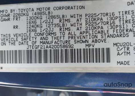 2002 Toyota Highlander Limited V6 из США, поврежденный, VIN JTEGF21A420058692